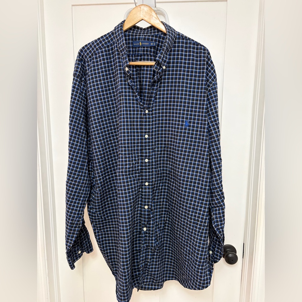 Ralph Lauren Plaid Button Down Shirt Navy Blue White 3XLT